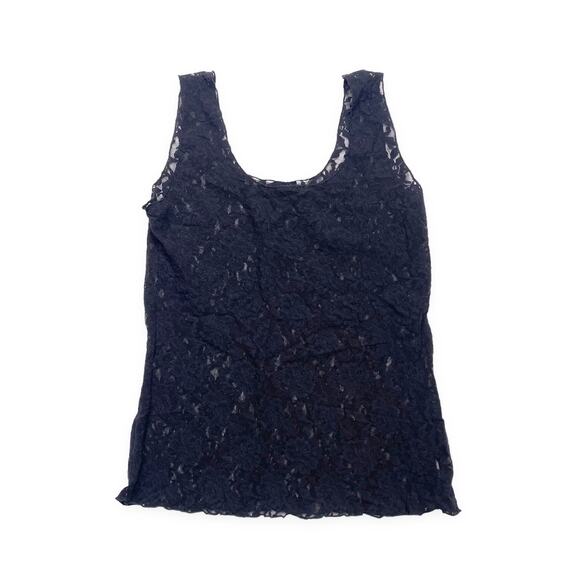 Black floral lace fully sheer lettuce hem cami/tank top size M - Picture 1 of 3